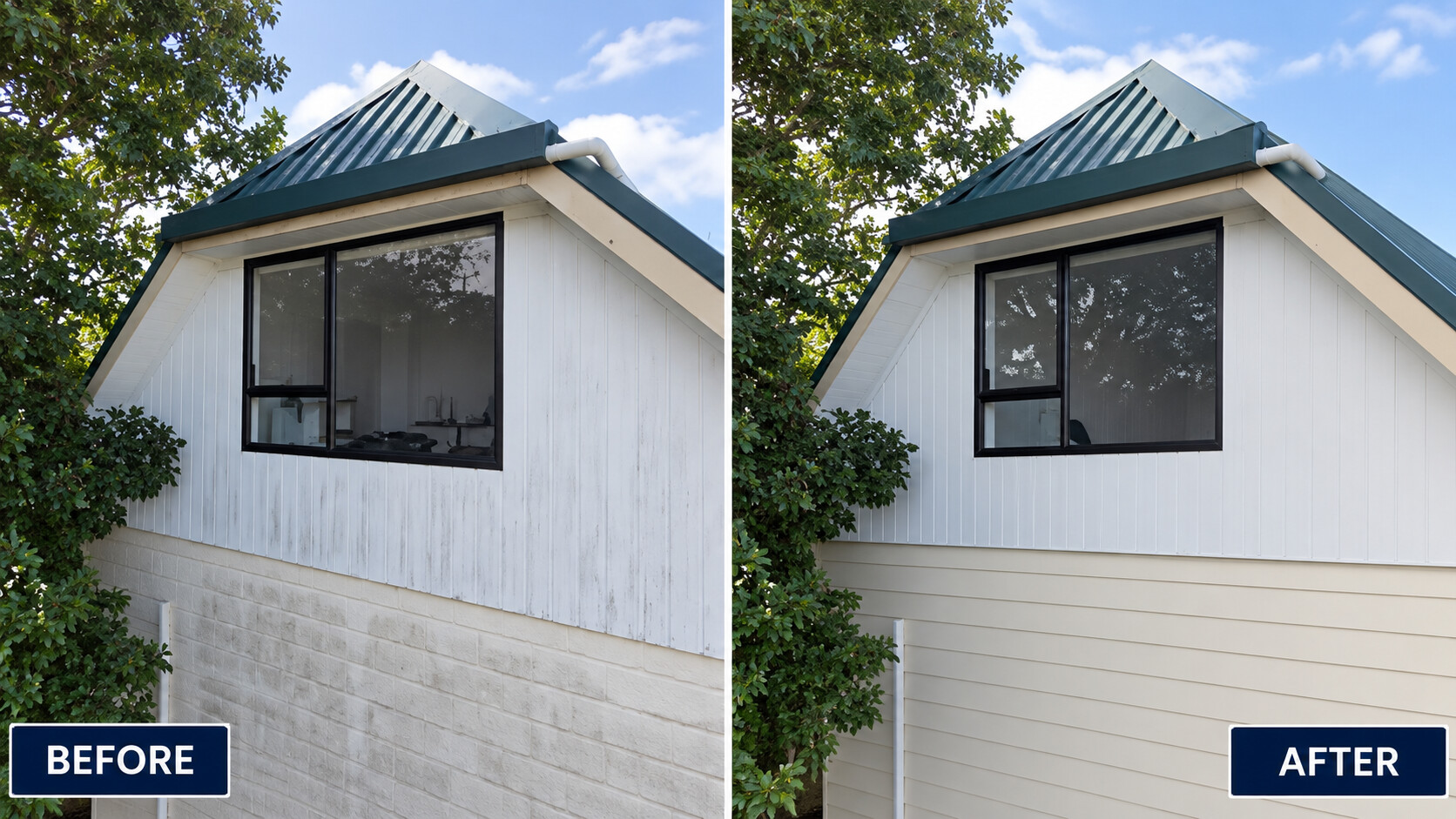 Before and after result from an Auckland exterior building wash
